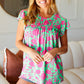 Sassy Green & Fuchsia Floral Ruffle Short Sleeve Yoke Top