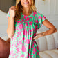 Sassy Green & Fuchsia Floral Ruffle Short Sleeve Yoke Top