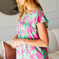 Sassy Green & Fuchsia Floral Ruffle Short Sleeve Yoke Top