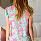 Sassy Green & Fuchsia Floral Ruffle Short Sleeve Yoke Top