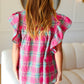 Live For Today Fuchsia Plaid Shirred Yoke Flutter Sleeve Top