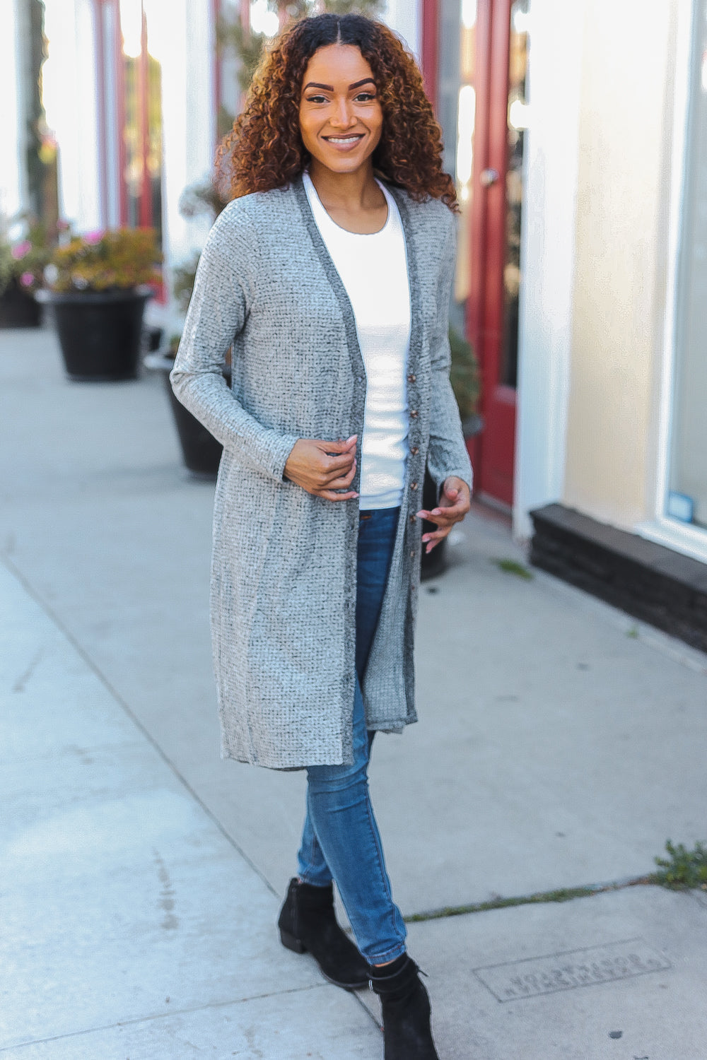 Spread Joy Grey Brushed Knit Crochet Button Down Duster Cardigan