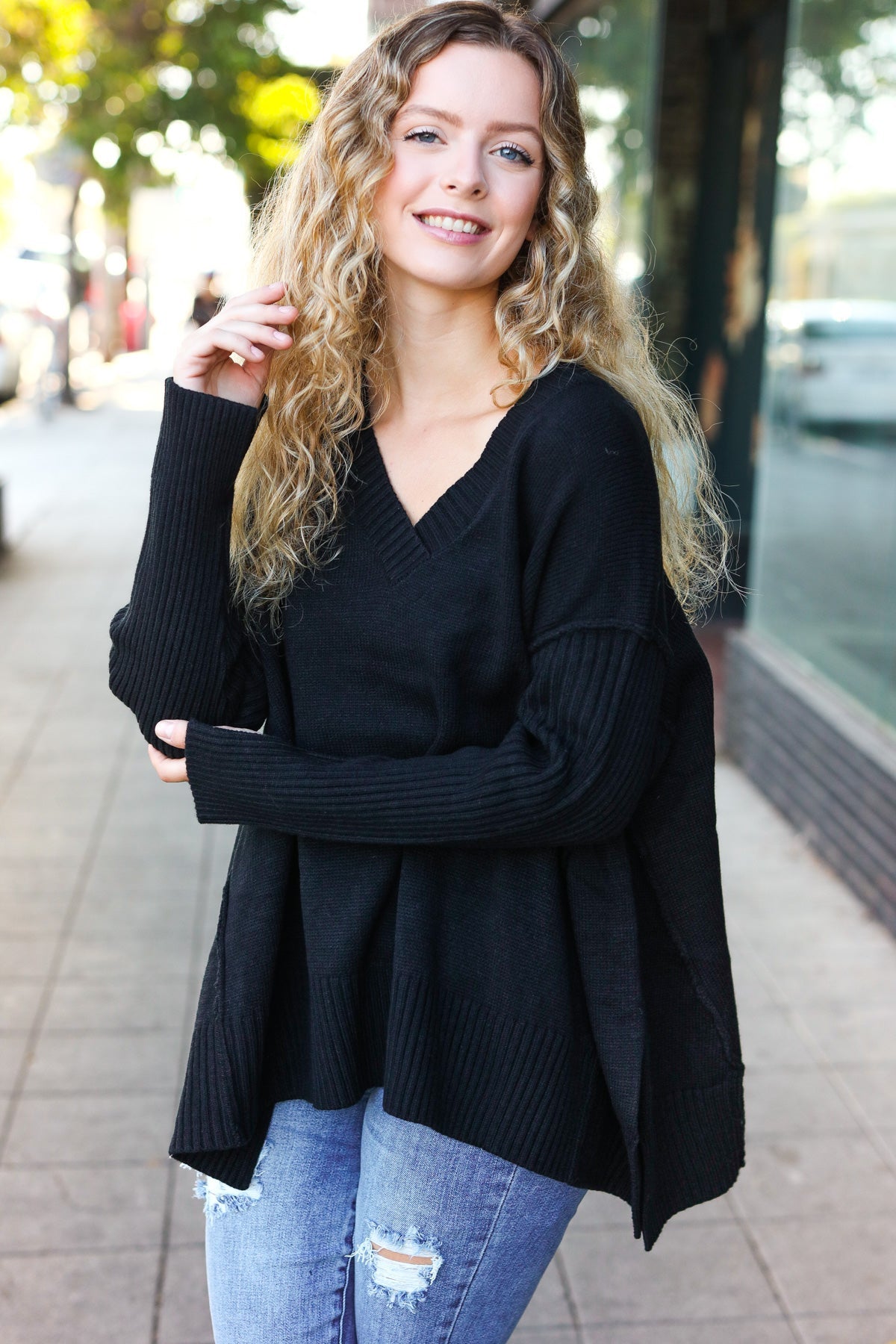 Casual Chic Black Oversized V Neck Rib Knit Sweater