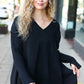 Casual Chic Black Oversized V Neck Rib Knit Sweater