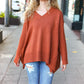 Casual Chic Rust Oversized V Neck Rib Knit Sweater