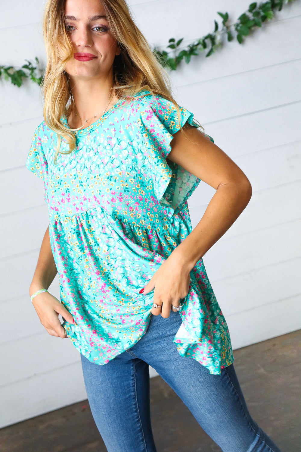 Turquoise Floral Stripe Babydoll Top