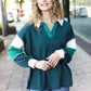 Falling For You Hunter Green Color Block Collared French Terry Top