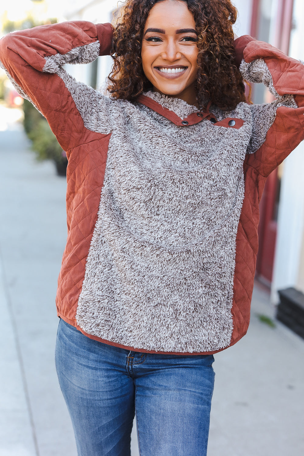 Beautiful You Brown Sherpa Quilted Snap Button Pullover