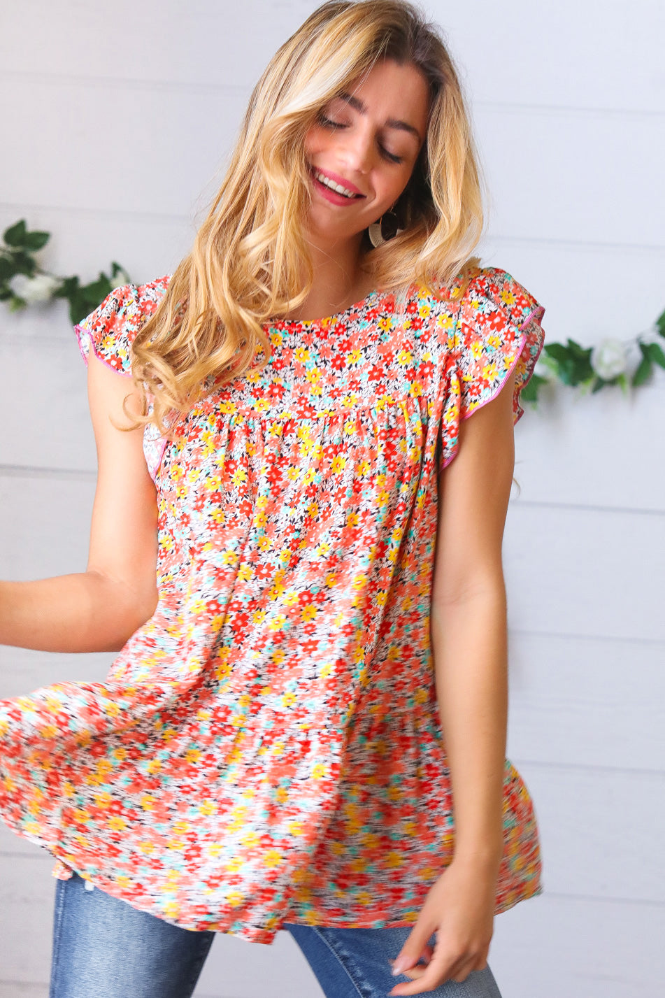 Sunset Floral Print Ruffle Tiered Keyhole Top