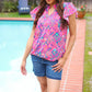 Eyes On You Fuchsia Boho Ikat Print Frill Notch Neck Top