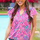 Eyes On You Fuchsia Boho Ikat Print Frill Notch Neck Top