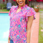 Eyes On You Fuchsia Boho Ikat Print Frill Notch Neck Top