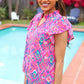 Eyes On You Fuchsia Boho Ikat Print Frill Notch Neck Top