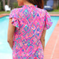 Eyes On You Fuchsia Boho Ikat Print Frill Notch Neck Top