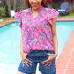 Eyes On You Fuchsia Boho Ikat Print Frill Notch Neck Top