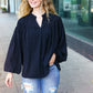 Boho Vibes Black Notched Neck Smocked Bubble Sleeve Top