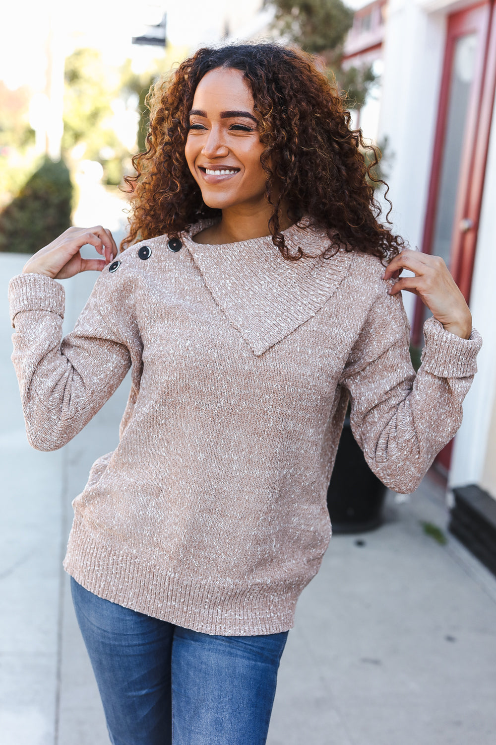 You Got This Marbled Taupe Rib Button Collared Sweater Pullover