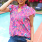 Eyes On You Fuchsia Boho Ikat Print Frill Notch Neck Top