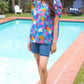 All For You Aqua Tropical Print Frill Notch Neck Puff Sleeve Top