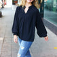 Boho Vibes Black Notched Neck Smocked Bubble Sleeve Top