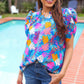 All For You Aqua Tropical Print Frill Notch Neck Puff Sleeve Top