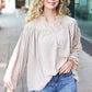 Boho Vibes Taupe Notched Neck Smocked Bubble Sleeve Top