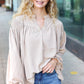 Boho Vibes Taupe Notched Neck Smocked Bubble Sleeve Top