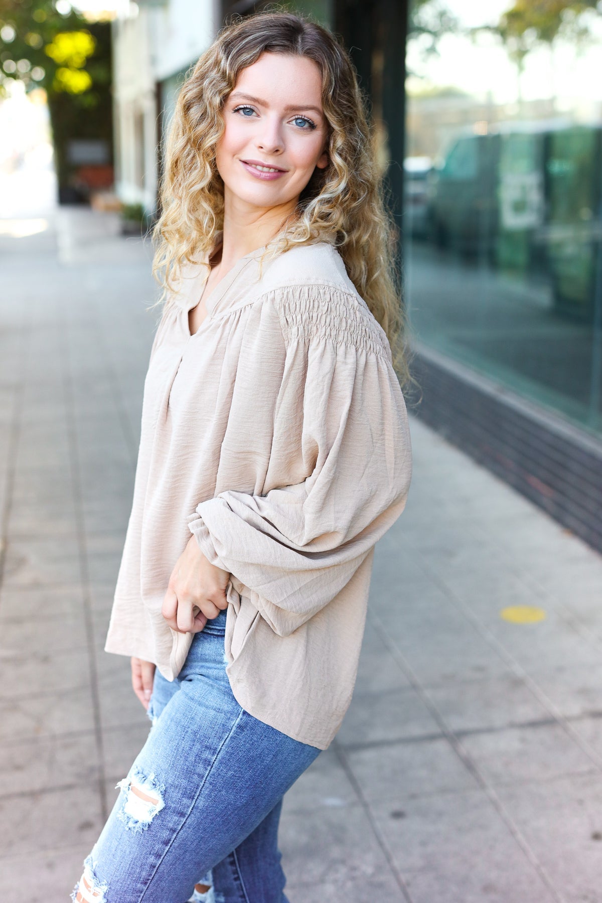 Boho Vibes Taupe Notched Neck Smocked Bubble Sleeve Top