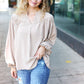 Boho Vibes Taupe Notched Neck Smocked Bubble Sleeve Top