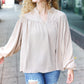 Boho Vibes Taupe Notched Neck Smocked Bubble Sleeve Top