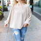 Boho Vibes Taupe Notched Neck Smocked Bubble Sleeve Top