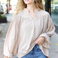 Boho Vibes Taupe Notched Neck Smocked Bubble Sleeve Top