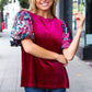 Diva Dreams Wine Floral Sequin Puff Sleeve Velvet Top