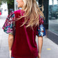 Diva Dreams Wine Floral Sequin Puff Sleeve Velvet Top