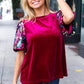 Diva Dreams Wine Floral Sequin Puff Sleeve Velvet Top