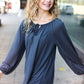 Versatile Charcoal Front Tie Modal Knit Peasant Top