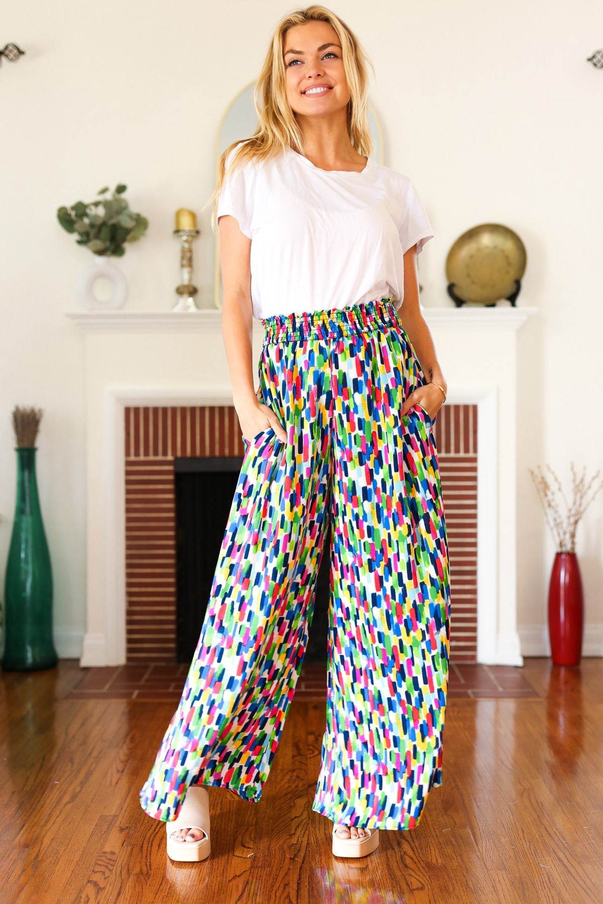 Stand Out Navy & Green Abstract Print Smocked Waist Palazzo Pants