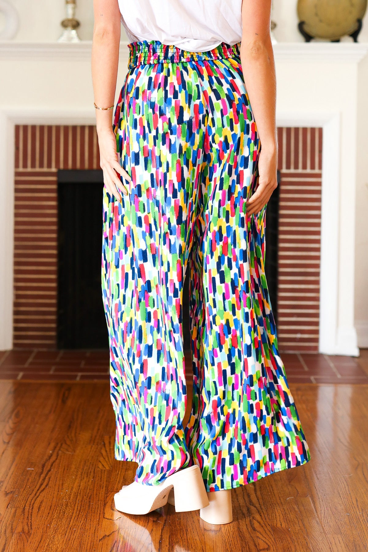 Stand Out Navy & Green Abstract Print Smocked Waist Palazzo Pants