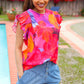 Look of Love Red & Fuchsia Floral Smocked Ruffle Frill Sleeve Top