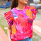 Look of Love Red & Fuchsia Floral Smocked Ruffle Frill Sleeve Top