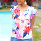 Summer Vibes Coral Tropical Print Flutter Sleeve Top