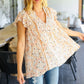 True Beauty Peach Floral Lattice Trim V Neck Ruffle Sleeve Top