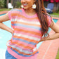 Pretty In Pink & Blue Striped Netted Crochet Dolman Sweater Top