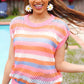 Pretty In Pink & Blue Striped Netted Crochet Dolman Sweater Top