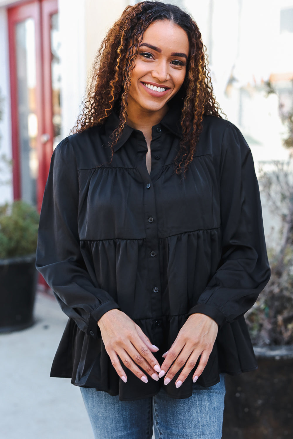 Perfectly You Black Button Down Tiered Babydoll Satin Top