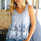 Call On Me Blue Embroidered Scalloped Hem Sleeveless Top