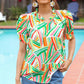 Hello Beautiful Green & Orange Geo Frill Notch Neck Puff Sleeve Top