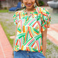 Hello Beautiful Green & Orange Geo Frill Notch Neck Puff Sleeve Top