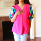 Tell Your Story Fuchsia Geo Print Puff Sleeve V Neck Top