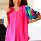 Tell Your Story Fuchsia Geo Print Puff Sleeve V Neck Top